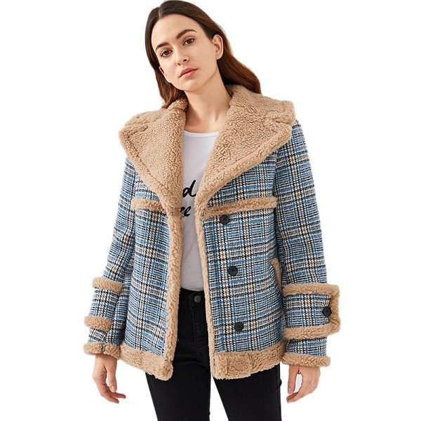 Multi color Waterfall Collar Contrast Faux Fur Plaid Women Coat - Image 3