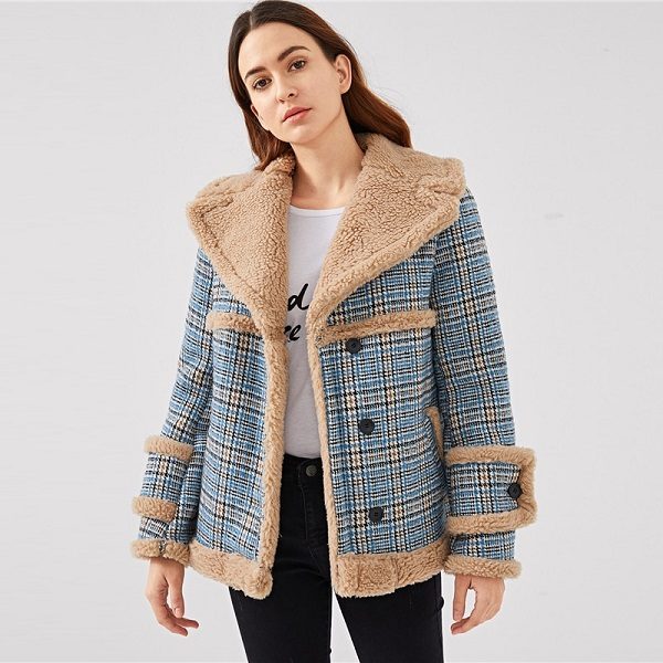 Multi color Waterfall Collar Contrast Faux Fur Plaid Women Coat - Image 4