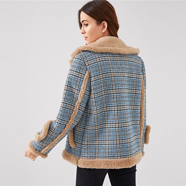 Multi color Waterfall Collar Contrast Faux Fur Plaid Women Coat - Image 5