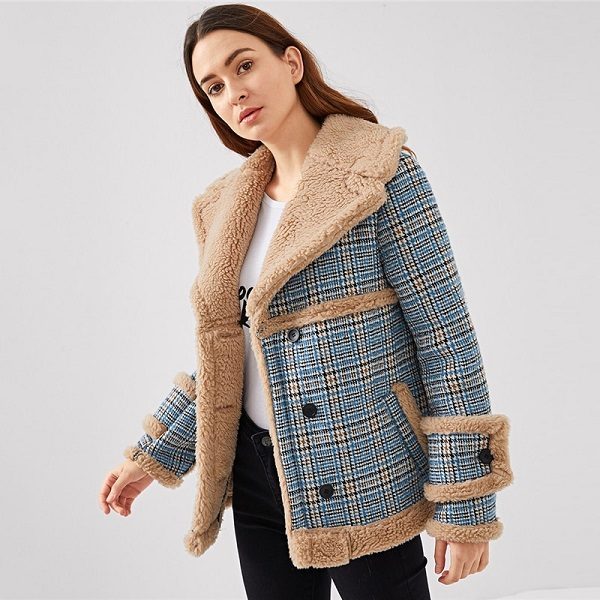 Multi color Waterfall Collar Contrast Faux Fur Plaid Women Coat