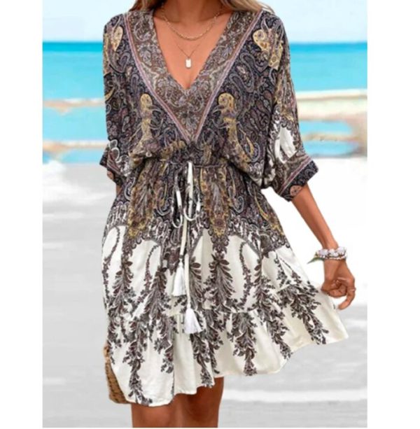 New Summer Loose V-neck Lace up holiday ethnic style Half Sleeve Printing Women dress Fashion