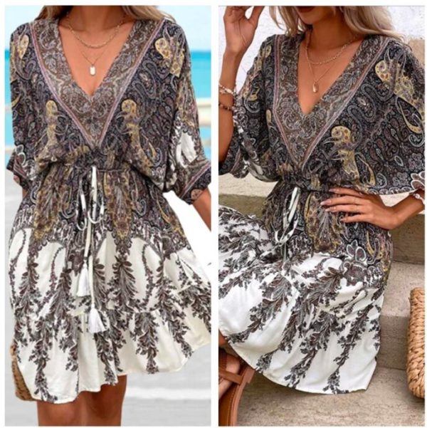 New Summer Loose V-neck Lace up holiday ethnic style Half Sleeve Printing Women dress Fashion - Image 3