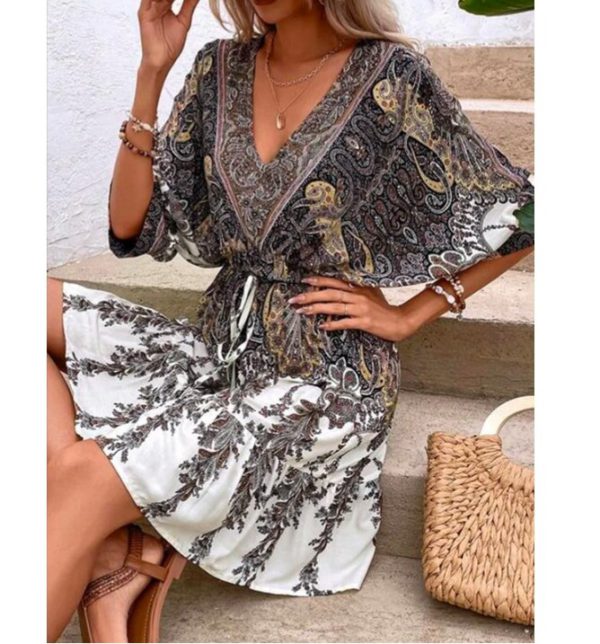 New Summer Loose V-neck Lace up holiday ethnic style Half Sleeve Printing Women dress Fashion - Image 4