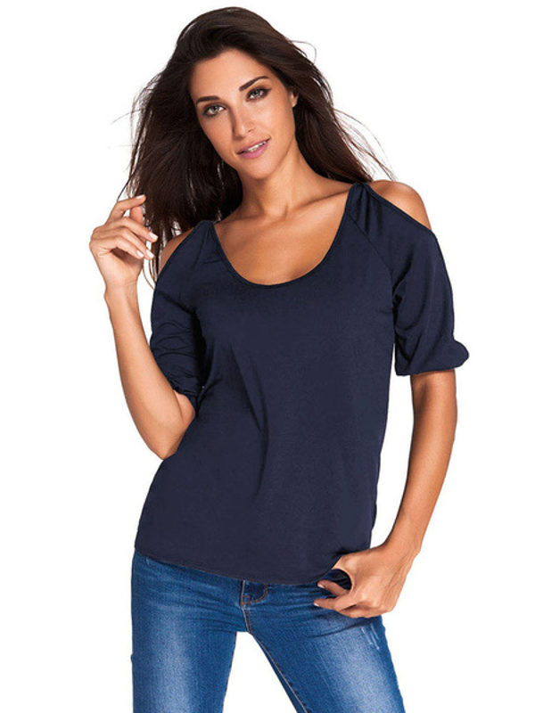 Open Shoulder Short Sleeve U-neck T Shirt