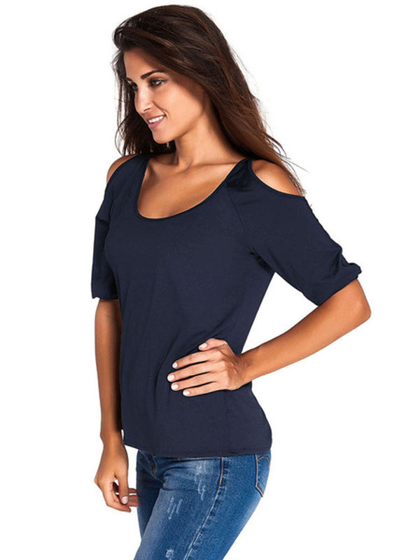 Open Shoulder Short Sleeve U-neck T Shirt - Image 2