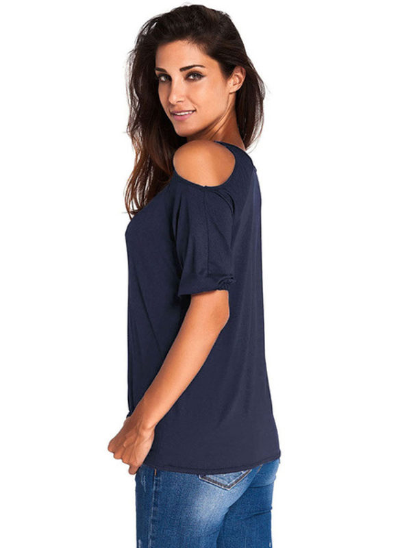 Open Shoulder Short Sleeve U-neck T Shirt - Image 3