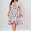 Plus Size New In Dresses Cottagecore Flounce Tie Floral Surplice Midi Dress Plunging Neck Asymmetric Printed