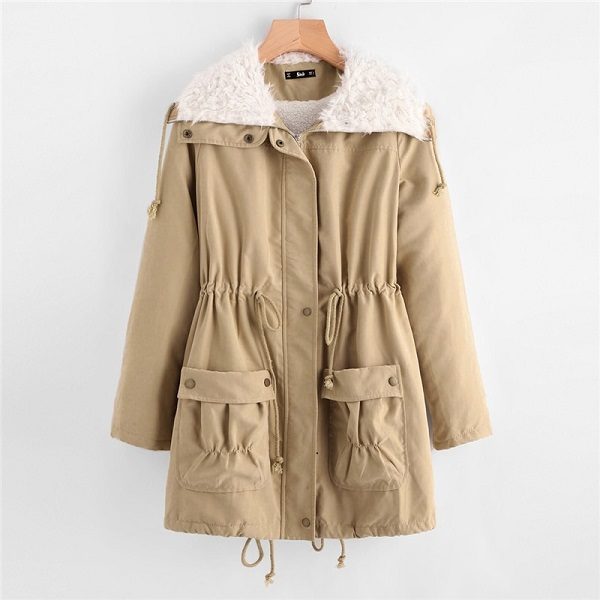 Preppy Fleece Drawstring Coat Winter Women Outerwear