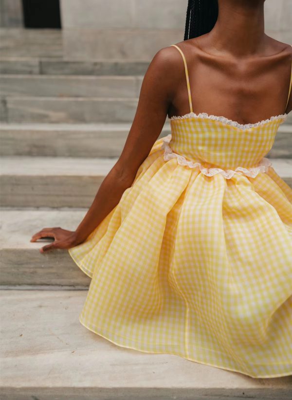 Princess Checkered Plaid Print Ball Gown Sling Organza Spliced Lace Swing Mini Fairy Robe - Image 2