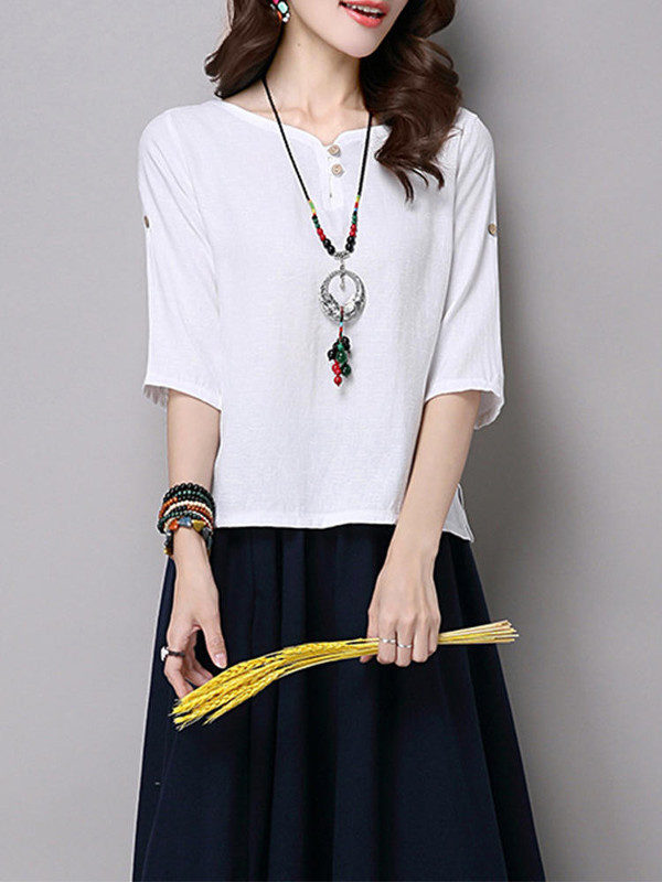 Pure Color Button 34 Sleeve Split Hem T-shirt