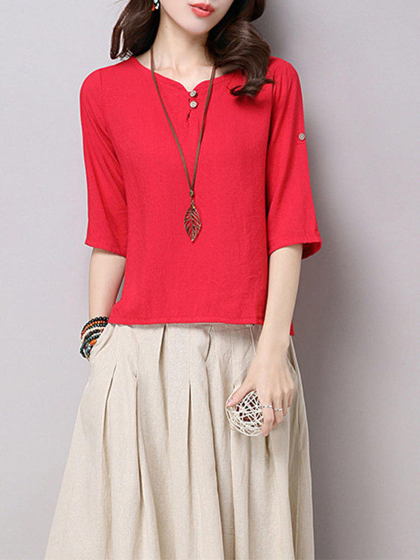 Pure Color Button 34 Sleeve Split Hem T-shirt - Image 3