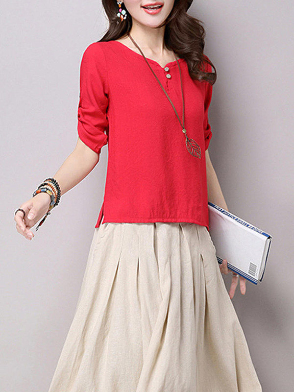 Pure Color Button 34 Sleeve Split Hem T-shirt - Image 4