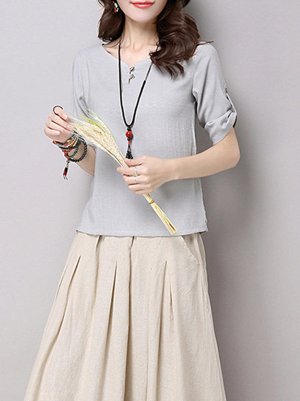 Pure Color Button 34 Sleeve Split Hem T-shirt - Image 5