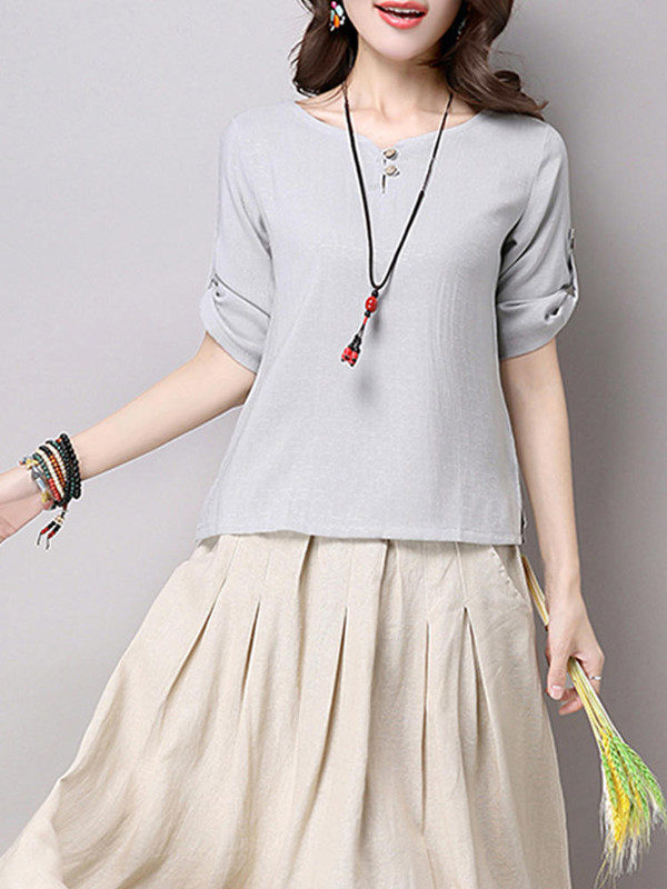 Pure Color Button 34 Sleeve Split Hem T-shirt - Image 6