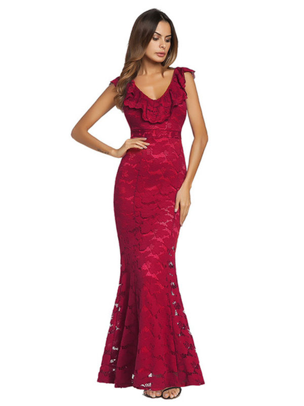 Red Lace Dress V Neck Sleeveless Ruffles Shaping Sexy Maxi Party Dress