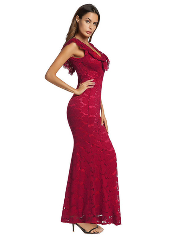 Red Lace Dress V Neck Sleeveless Ruffles Shaping Sexy Maxi Party Dress - Image 2