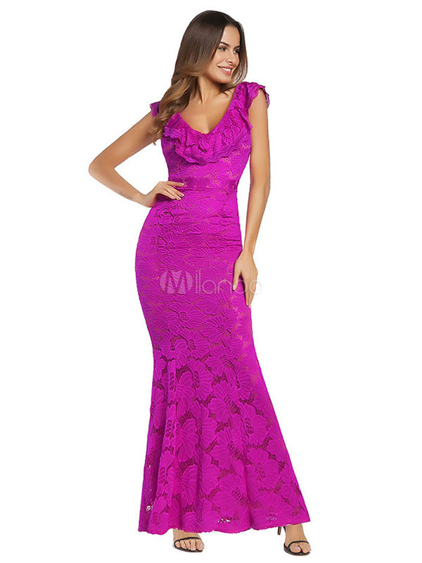 Red Lace Dress V Neck Sleeveless Ruffles Shaping Sexy Maxi Party Dress - Image 4