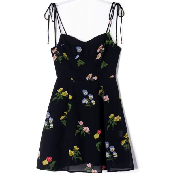 Retro French Black Flower Print Spaghetti Strap Corset Style Dress Sexy Women Bow Adjust Lacing Up Sling Mini Robe