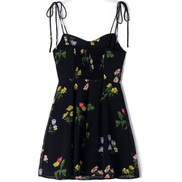 Retro French Black Flower Print Spaghetti Strap Corset Style Dress Sexy Women Bow Adjust Lacing Up Sling Mini Robe - Image 3