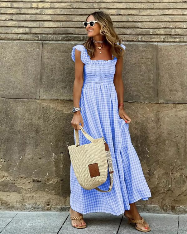 Ruffled Straps Sleeveless Long Robe Fashion Plaid Holiday Maxi Dress - Image 3
