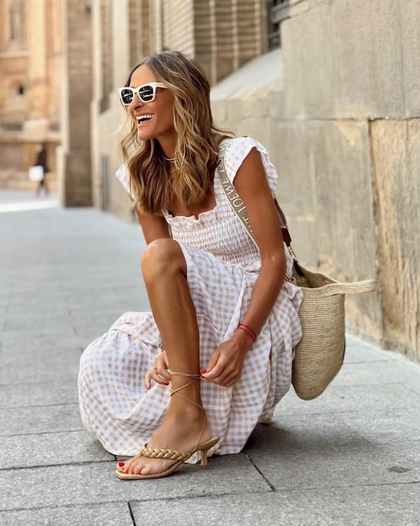 Ruffled Straps Sleeveless Long Robe Fashion Plaid Holiday Maxi Dress - Image 5