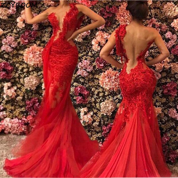 Sexy Women Formal Party Night Elegant Lace Appliques Sleeveless One-Shoulder Long Prom Gowns - Image 3