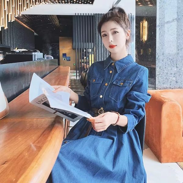 Slim Long-sleeved Turn Down Collar Buttons Belt Clothes Shirt Dress