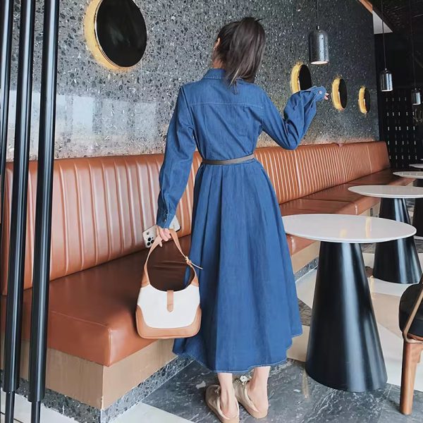 Slim Long-sleeved Turn Down Collar Buttons Belt Clothes Shirt Dress - Image 3