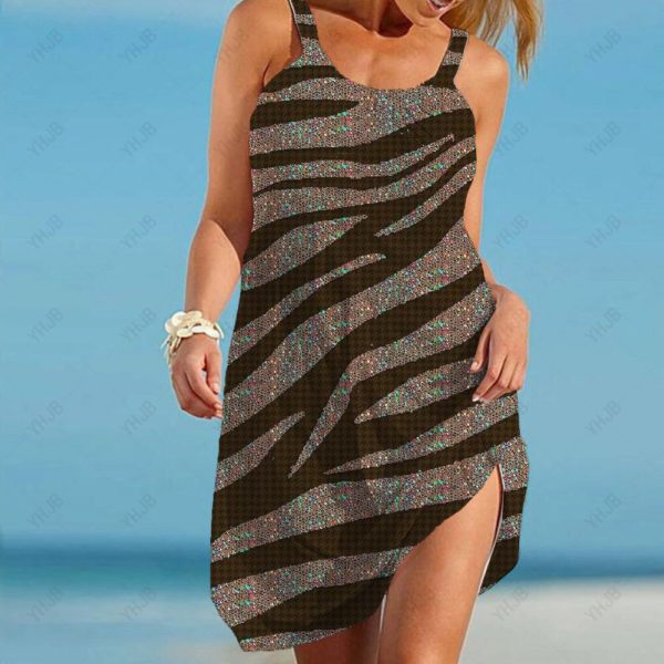 Striped New Fashion Summer Beach Holiday Lady Midi Dress High Waist Short Sleeve O Neck Sexy leopard print Female Dresses - Image 4