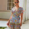 Summer Women Floral Print Dress Boho Short Sleeve High Waist V Neck Casual Dresses Sexy Female Mini
