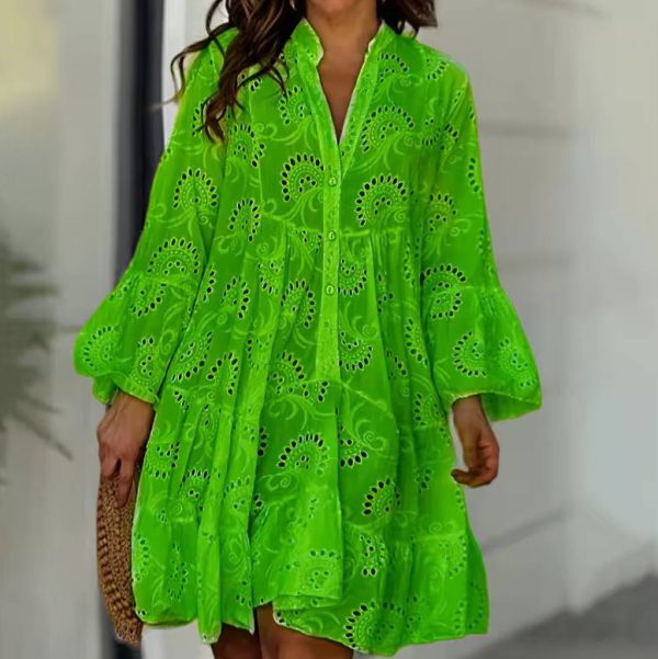 Vintage Embroidery Beach Style Solid Lace Hollow Out Pattern Loose Mini Dress - Image 7