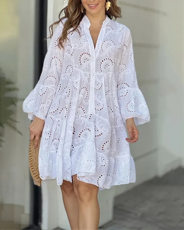 Vintage Embroidery Beach Style Solid Lace Hollow Out Pattern Loose Mini Dress - Image 6