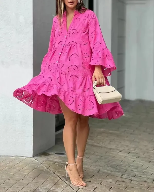 Vintage Embroidery Beach Style Solid Lace Hollow Out Pattern Loose Mini Dress - Image 5