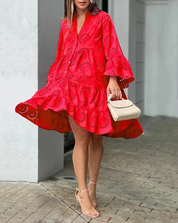 Vintage Embroidery Beach Style Solid Lace Hollow Out Pattern Loose Mini Dress - Image 2