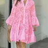Vintage Embroidery Beach Style Solid Lace Hollow Out Pattern Loose Mini Dress