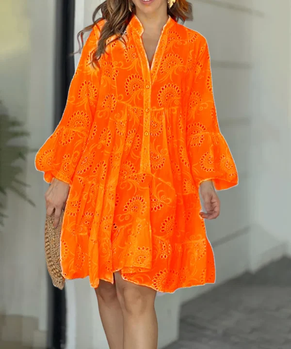 Vintage Embroidery Beach Style Solid Lace Hollow Out Pattern Loose Mini Dress - Image 3