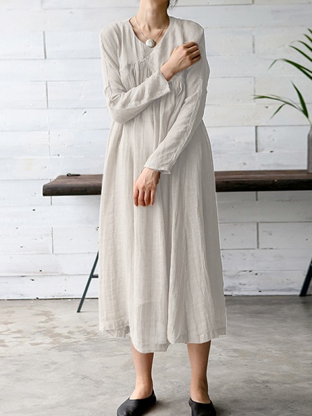 Vintage Women Solid Color V-Neck Dress - Image 3