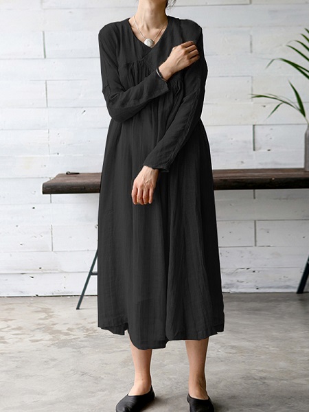 Vintage Women Solid Color V-Neck Dress - Image 9