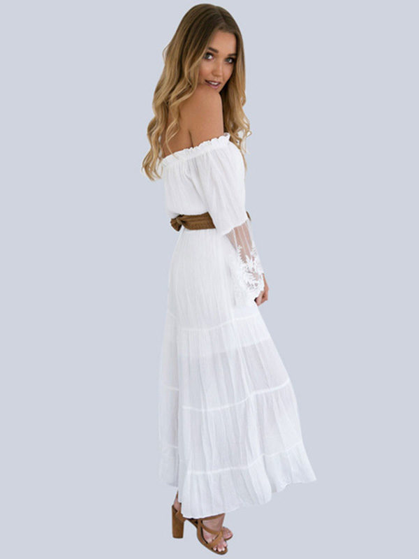 Off The Shoulder Lace Patchwork Beach Sundress Slash Neck Maxi Dress - Image 3