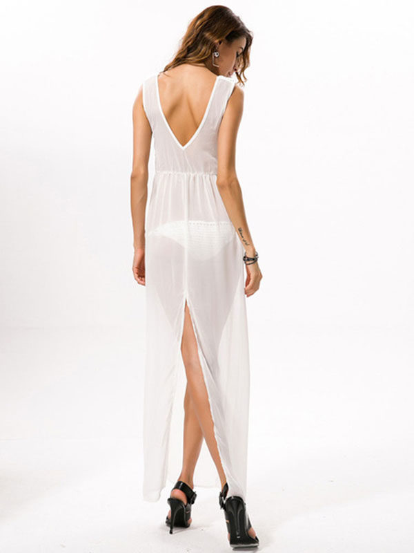 White Maxi Dress V-neck Sleeveless Slits Semi-Sheer Long Chiffon Dress For Women - Image 3