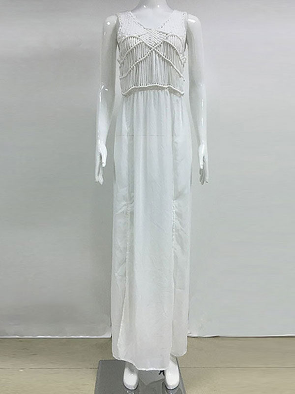 White Maxi Dress V-neck Sleeveless Slits Semi-Sheer Long Chiffon Dress For Women - Image 2