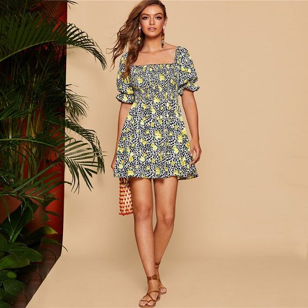 Women Beach Puff Sleeve Shirred Waist A Line Dress - Image 4