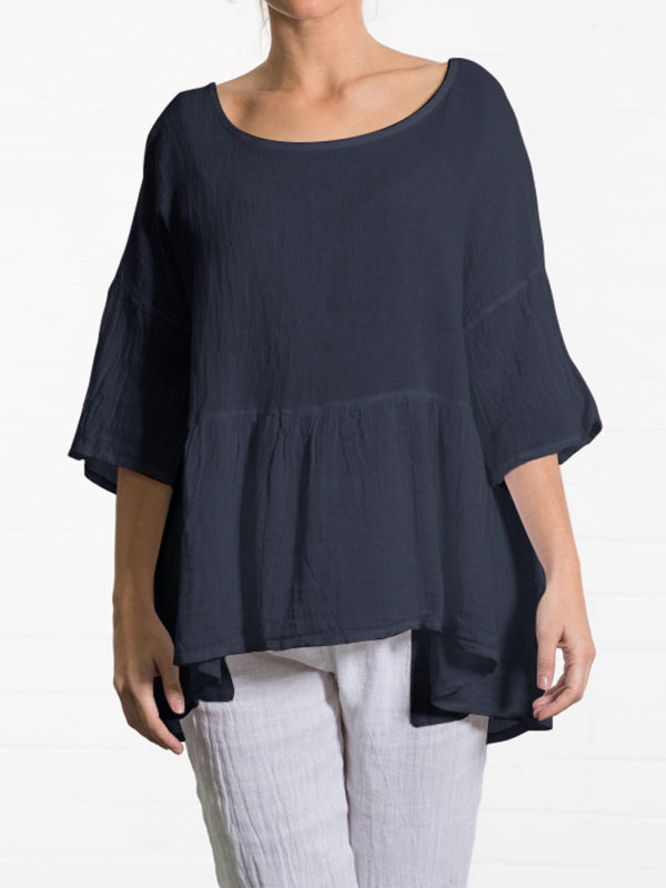 Women Crew Neck 3/4 Sleeve Loose Cotton Blouse - Navy 6 - Image 2