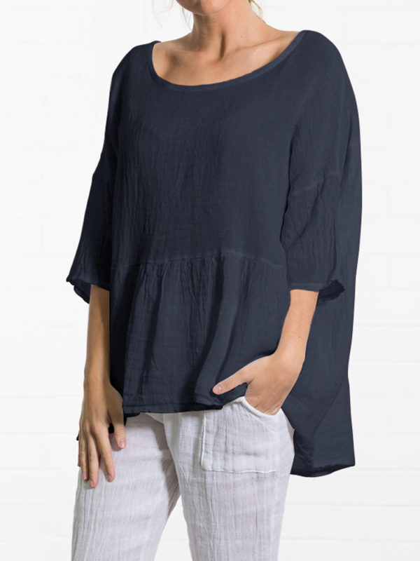 Women Crew Neck 3/4 Sleeve Loose Cotton Blouse - Navy 6 - Image 3