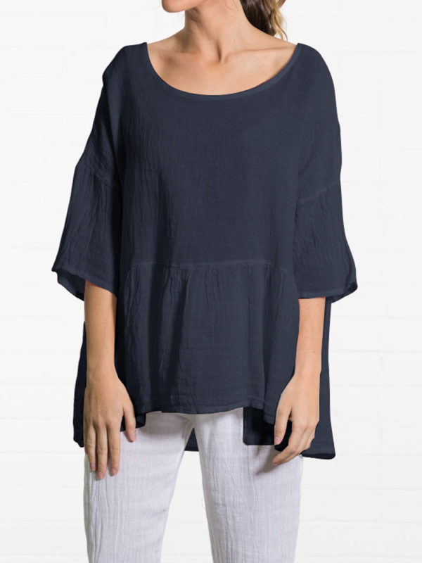 Women Crew Neck 3/4 Sleeve Loose Cotton Blouse - Navy 6