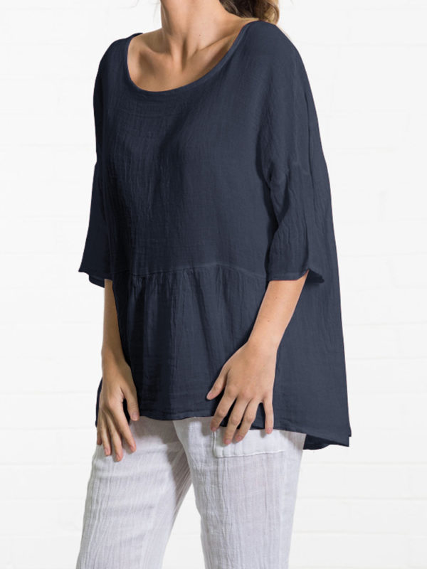 Women Crew Neck 3/4 Sleeve Loose Cotton Blouse - Navy 6 - Image 4