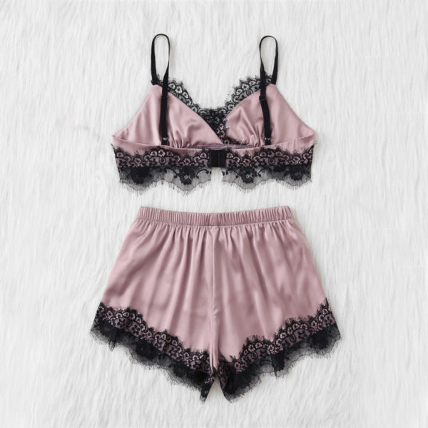 Women Pajamas Set Lace Spaghetti Strap Crop Cami Top and Short Pajama Set - Image 3