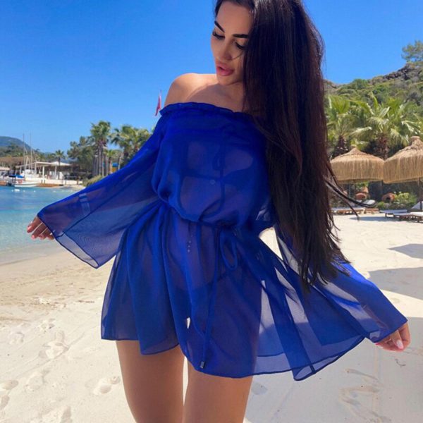 Women Sexy Summer Mesh See Through Blouse Tunic Solid Color Drawstring Baggy Sleeve Ruched Off Shoulder Bathing Beach Dress - Image 2