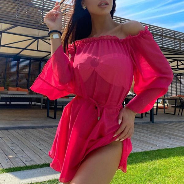 Women Sexy Summer Mesh See Through Blouse Tunic Solid Color Drawstring Baggy Sleeve Ruched Off Shoulder Bathing Beach Dress