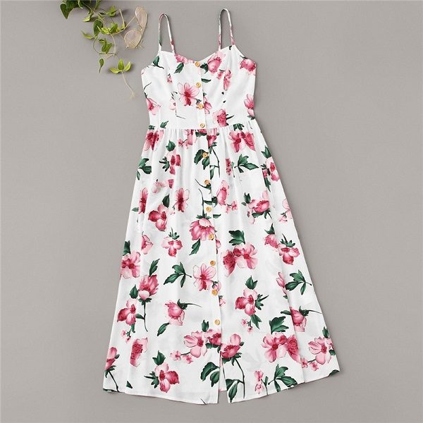 Women Sleeveless Spaghetti Strap Beach Shirred Long Boho Dress
